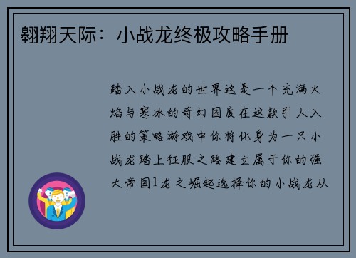 翱翔天际：小战龙终极攻略手册